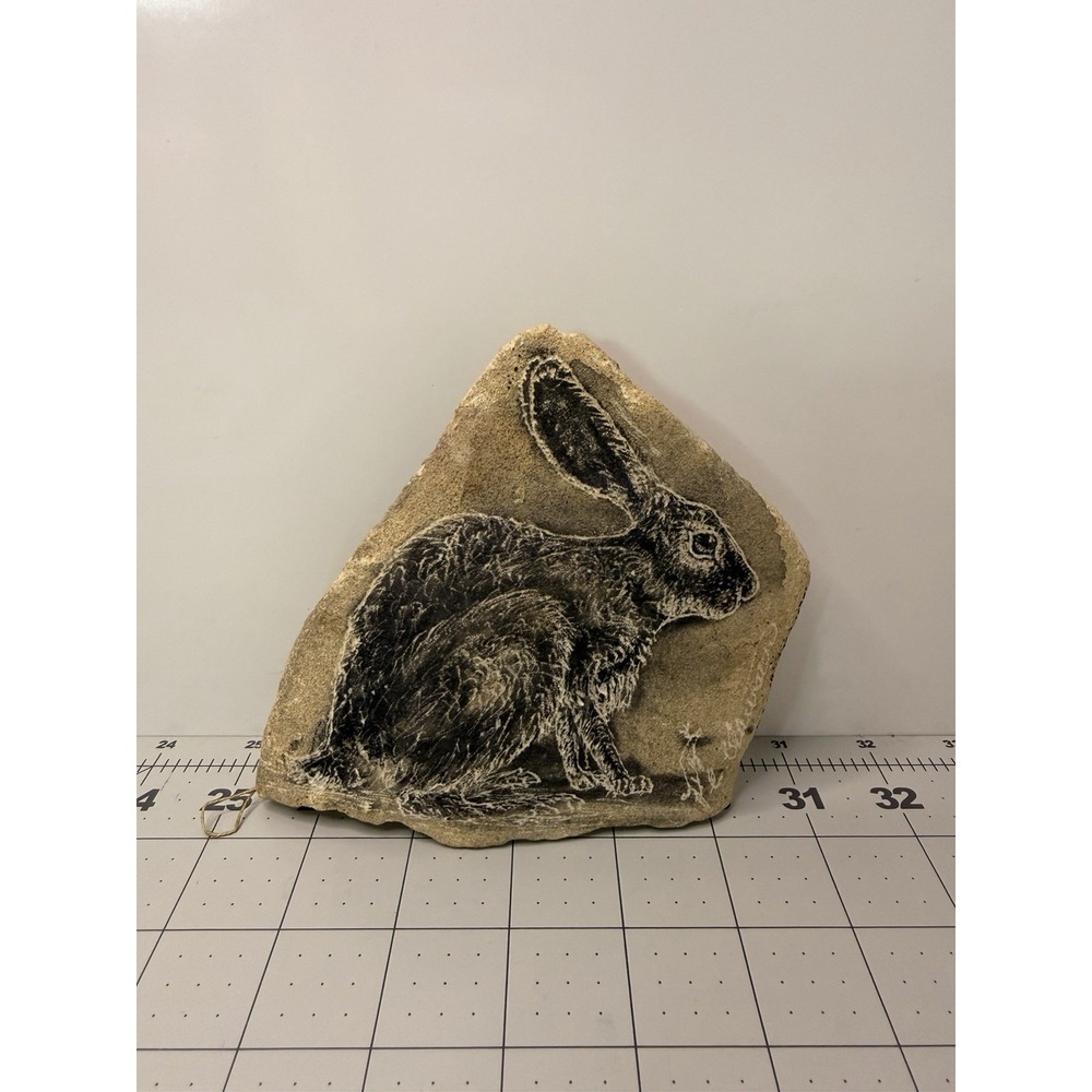 Vintage Hand Etched Hare Rabbit Stone Slab Wall Plaqueβ Art Hanging Signed